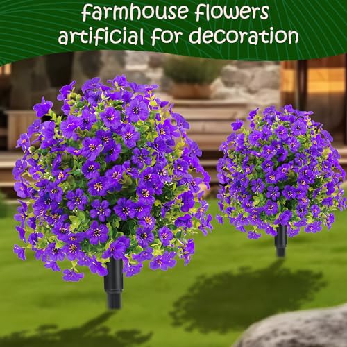 Product: 22.8" Set of 2 Fall Artificial Boxwood Topiary Ball Trees with Spikes,UV Resistant Fake Outdoor shrubs with Violet Flowers, Realistic Faux Plants Bushes for Garden Porch Yard Patio Decor(Purple)