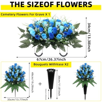 Product: 3Pack Artificial Cemetery flowers for grave,Headstone flower saddle Gravesite Decoration Roses Memorial Bouquets with Cemetery Vase for Cemetery Decorations Non-Fading Easy Fit (Blue)