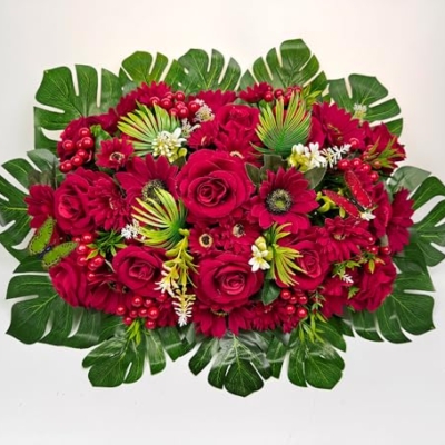 Product: HENOMO Velvet Cemetery Flower Saddle for Grave Decorations,Headstone Flower Saddle-Red Rose Mum and Berry-Non-Bleed Colors
