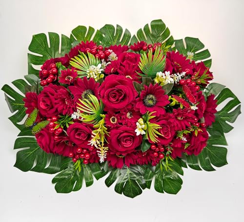 Product: HENOMO Velvet Cemetery Flower Saddle for Grave Decorations,Headstone Flower Saddle-Red Rose Mum and Berry-Non-Bleed Colors