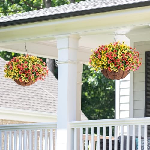 Product: Siganorpy 12 Bundles Artificial Flowers Outdoors Pansy Plants Fake Flowers Decor Eucalyptus Artificial Grass Shrubs Bushes UV Resistant Plastic Flowers Fern for Garden Porch Home (Red+Yellow)