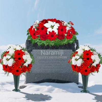 Product: Naramiji 3 Piece Artificial Cemetery Flowers -Headstone Flower Saddle- Gravesite Flowers Bouquet - Christmas Decorations-Poinsettia Dahlia Rose