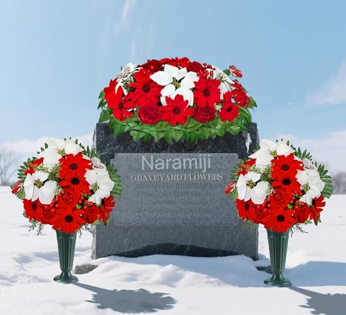 Product: Naramiji 3 Piece Artificial Cemetery Flowers -Headstone Flower Saddle- Gravesite Flowers Bouquet - Christmas Decorations-Poinsettia Dahlia Rose