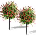 Product: Set of 2 Fall Boxwood Topiary Ball Trees Artificial Outdoor with Ground Spike, 22.3"UV Resistant Faux Shrubs with Mum Flowers, Fake Outdoor Bushes Plants for Garden Yard Porch Patio decor Red