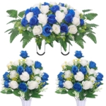 Product: Hibsotco Artificial Cemetery Flower Saddles, Cemetery Memorial Flowers with Vase for Grave Tombstone Decorations,Artificial Rose Bouquet Grave Memorial Flowers (Blue White)