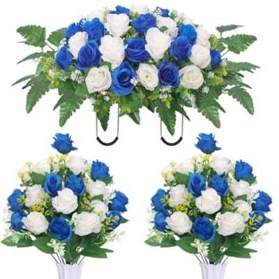 Product: Hibsotco Artificial Cemetery Flower Saddles, Cemetery Memorial Flowers with Vase for Grave Tombstone Decorations,Artificial Rose Bouquet Grave Memorial Flowers (Blue White)
