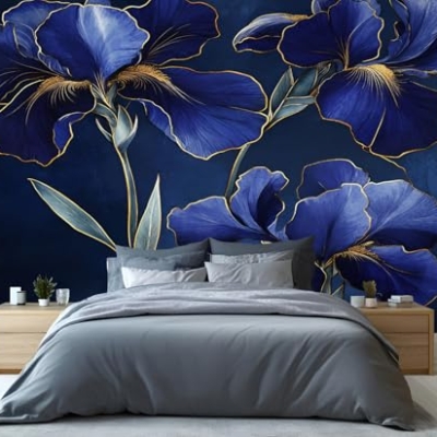 Product: Blue Iris Wall Mural Gold Trimmed Floral Mural Luxury Floral Wallpaper Vintage Dark Flower Murals Modern Themed Wall Art for Living Room Bedroom Kitchen 169.3" x 118.2"