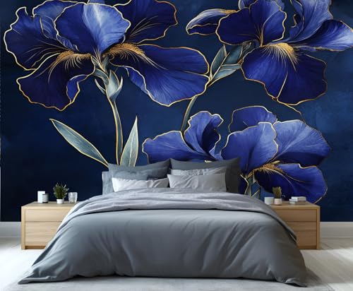 Product: Blue Iris Wall Mural Gold Trimmed Floral Mural Luxury Floral Wallpaper Vintage Dark Flower Murals Modern Themed Wall Art for Living Room Bedroom Kitchen 169.3" x 118.2"