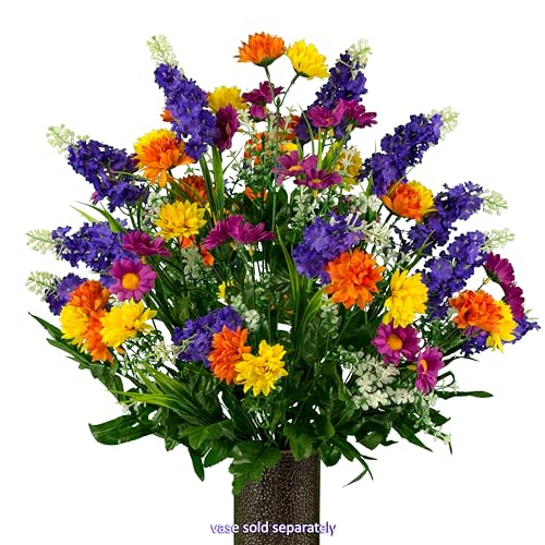 Product: Sympathy Silks Artificial Cemetery Flowers – Realistic Wildflower Outdoor Grave Decorations - Purple Violet Wildflower Bouquet