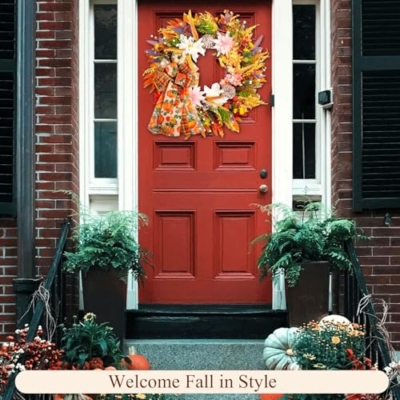 Product: 24" Fall Wreaths for Front Door Outside, Autumn Thanksgiving Harvest Wreath with Pumpkins Dahlias Pinecones & Bow Farmhouse Decoration for Porch Wall Indoor