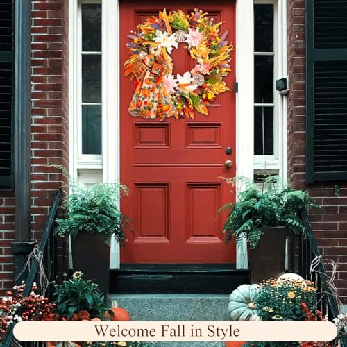 Product: 24" Fall Wreaths for Front Door Outside, Autumn Thanksgiving Harvest Wreath with Pumpkins Dahlias Pinecones & Bow Farmhouse Decoration for Porch Wall Indoor