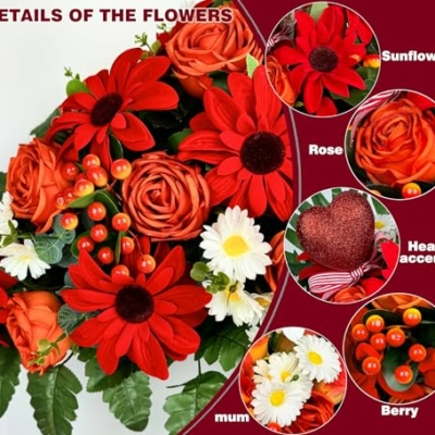 Product: Naramiji Artificial Cemetery Flowers for Grave Vase - Headstone Flower Saddle - Sympathy Flower of Vibrant Rose Sunflower Daisy Berry, Colorfast and Easy Fit