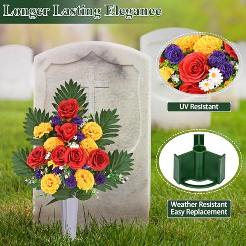 Silky Flower Store Artificial Cemetery Flowers with Vase, Headstone Saddle, Red Rose Yellow Carnation Memorial Décor, 28 x 11 in 2 2 Product: 3 Sets Artificial Cemetery Flowers for Grave, Realistic Cemetery Flowers with Vase, Headstone Flower Saddle, Rose Carnation Flowers for Memorial Cemetery Grave Tombstone Decorations
