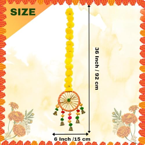 Silky Flower Store Artificial Marigold Flower Garlands, Pom Pom Bell Hanging Decor, Pack of 4, Indoor Festive Décor, 32.5cm 1 1 Product: MANTRAMART Artificial Marigold Flower Garlands with Pom Pom & Bell – Pack of 4 – Hanging Decoration for Home, Diwali, Festival, Wedding, Housewarming & Pooja Decor
