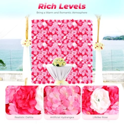 Product: 12-Piece Artificial Flower Wall Panels with Realistic Dahlia Rose Hydrangea, Wall Backdrop, Pink Rose Red Gradient Floral Backdrop for Wedding Birthday Party Decor, Indoor Outdoor Decoration