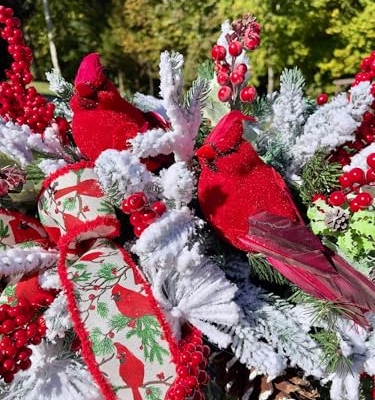 Product: Jucgghk Vivid and Realistic Floral Art Two Redbirds with Red and White Christmas Cemetery Saddle, Christmas Cemetery Flowers, Headstone Saddle Arrangement, Christmas Saddle for Headstone