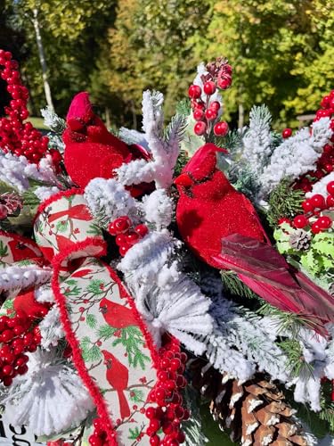 Product: Jucgghk Vivid and Realistic Floral Art Two Redbirds with Red and White Christmas Cemetery Saddle, Christmas Cemetery Flowers, Headstone Saddle Arrangement, Christmas Saddle for Headstone