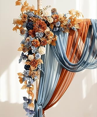 Product: Ling's Moment Fall Wedding Arch Flowers with Sheer Drapes Kit - Artificial Orange and Navy Blue Floral Arrangements for Ceremony Backdrop, Arbor Decor, 5-Piece Set (2 Flower Stems + 3 Hanging Drapes)