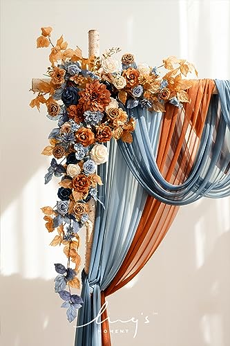 Product: Ling's Moment Fall Wedding Arch Flowers with Sheer Drapes Kit - Artificial Orange and Navy Blue Floral Arrangements for Ceremony Backdrop, Arbor Decor, 5-Piece Set (2 Flower Stems + 3 Hanging Drapes)