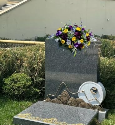 Product: Jucgghk Vivid and Realistic Floral Art 36" Beautiful Purple and Yellow Flowers Cemetery Saddle, Headstone Saddle for Outdoor Cemetery Decoration