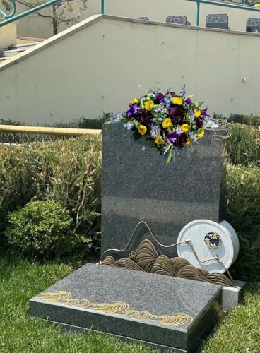 Product: Jucgghk Vivid and Realistic Floral Art 36" Beautiful Purple and Yellow Flowers Cemetery Saddle, Headstone Saddle for Outdoor Cemetery Decoration