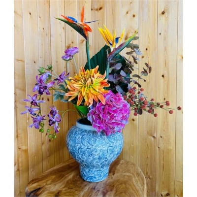 Product: RIX Artificial Multi Colored Bird of Paradise Flowers Arrangement - in Weighted Ceramic Vase 7" Tall