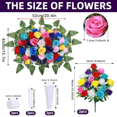 Product: Artificial Cemetery Flower Saddles,Artificial Silk Flower Arrangement for Headstones,Cemetery Memorial Flowers with Vase for Grave Tombstone Decorations (Colour, 1 Saddle 2 Bouquets)