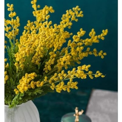 Product: GTEFSWS Artificial Flowers Fake Flower Artificial Yellow Acacia Flowers Mimosa Plush Silk Flower Fake Flower Vase Set Home Wedding Party Table Decor(Frosted Vase+Flower)