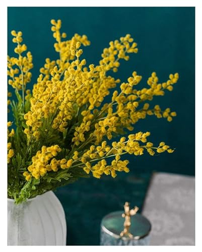 Product: GTEFSWS Artificial Flowers Fake Flower Artificial Yellow Acacia Flowers Mimosa Plush Silk Flower Fake Flower Vase Set Home Wedding Party Table Decor(Frosted Vase+Flower)