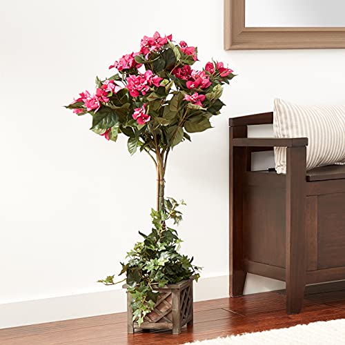 Silky Flower Store Artificial Bougainvillea Topiary in Wood Box, Faux Floral Arrangement, Rustic Country Pot, 34in. 6 6 Product: Nearly Natural 34in. Artificial Bougainvillea Topiary with Wood Box