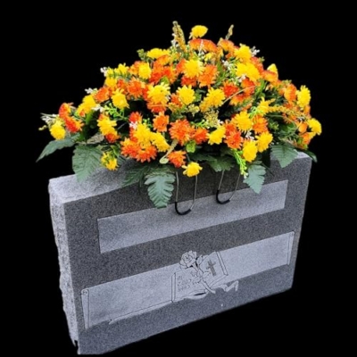 Product: Cemetery Saddle Memorial Decoration - Realistic Silk Faux Floral Artificial Grave Flowers - Orange Yellow Mini Mums for Headstone Decorating