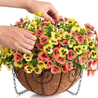 Product: Siganorpy 12 Bundles Artificial Flowers Outdoors Pansy Plants Fake Flowers Decor Eucalyptus Artificial Grass Shrubs Bushes UV Resistant Plastic Flowers Fern for Garden Porch Home (Red+Yellow)