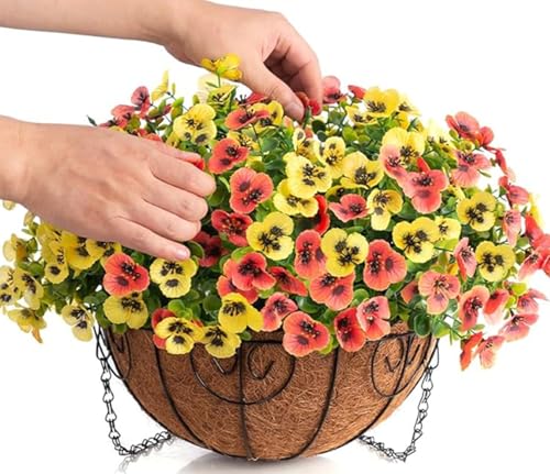 Product: Siganorpy 12 Bundles Artificial Flowers Outdoors Pansy Plants Fake Flowers Decor Eucalyptus Artificial Grass Shrubs Bushes UV Resistant Plastic Flowers Fern for Garden Porch Home (Red+Yellow)