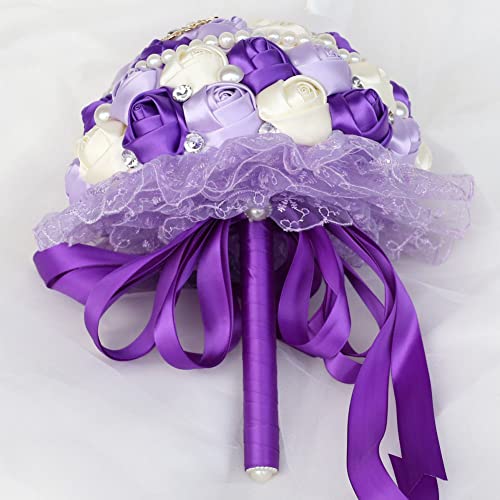 Product: Gkvszy Purple Bridal Wedding Bouquet with Rhinestone Brooch Pearl Bouquet for Bride Bridesmaid Quinceanera Satin Rose Flower Bouquet Wedding Purple and Lilac and Ivory 9.5in