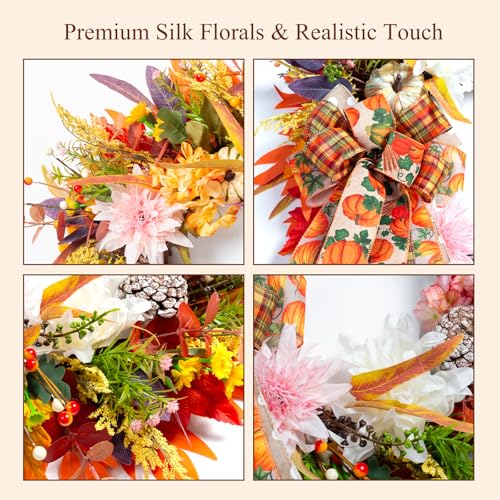 Product: 24" Fall Wreaths for Front Door Outside, Autumn Thanksgiving Harvest Wreath with Pumpkins Dahlias Pinecones & Bow Farmhouse Decoration for Porch Wall Indoor