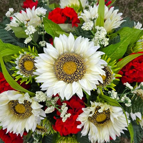 Product: Cream Sunflower Red Geranium Gladiolus Large Cemetery Saddle Memorial Decoration - Realistic Silk Faux Floral Artificial Grave Flowers for Headstone Decorating