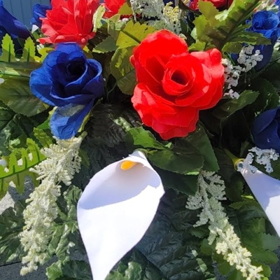 Silky Flower Store Cemetery Saddle Memorial Decoration, Red White and Blue Roses Calla Lilies, Artificial Silk Memorial Flowers, 20.5cm 13 13 Product: Cemetery Saddle Memorial Decoration - Realistic Silk Faux Floral Artificial Grave Flowers - Red White and Blue Roses and Calla Lilies for Headstone Decorating