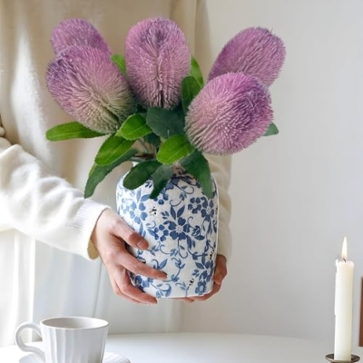 Product: 5 Stems Banksia Protea Stem,Purple Artificial Long Stem Flower for Table Centerpieces Wedding Party Home Decoration Indoor(NO VASE)