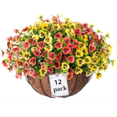 Product: Siganorpy 12 Bundles Artificial Flowers Outdoors Pansy Plants Fake Flowers Decor Eucalyptus Artificial Grass Shrubs Bushes UV Resistant Plastic Flowers Fern for Garden Porch Home (Red+Yellow)