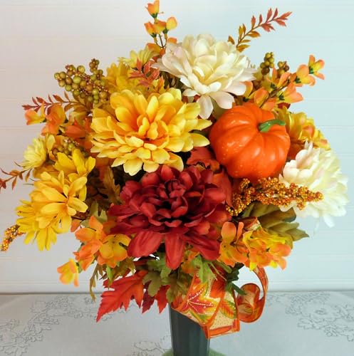 Silky Flower Store Fall Cemetery Grave Arrangement with Mums, Artificial Autumn Florals, Green Cemetery Cone, 19 inch 6 6 Product: Silk Florals & Frills 19 inch Fall Grave Arrangement, Cemetery Arrangement Fall, Fall Cemetery with Mums
