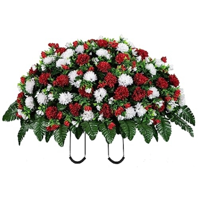 Product: Sympathy Silks Artificial Cemetery Flowers - Grave Decorations Winter Memorial - Christmas Red and White Mums saddle for headstone