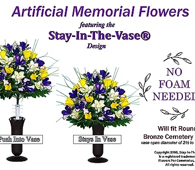 Product: Sympathy Silks Artificial Cemetery Flowers – Realistic Vibrant Tulips, Outdoor Grave Decorations - 1 Yellow Tulips Purple Iris Bouquet