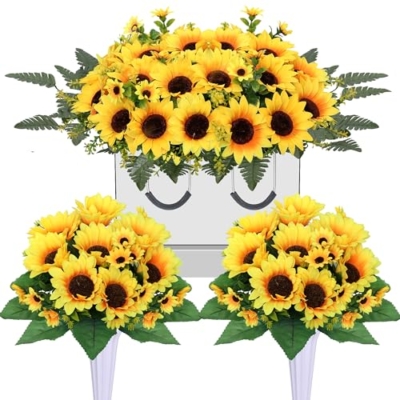 Product: Lodou 3Sets Artificial Cemetery Flowers for Grave,Headstone Flower Saddle Silk Sunflowers Grave Flowers Memorial Flowers Bouquets for Outdoor Gravesite Decoration (Yellow, 3PCS)