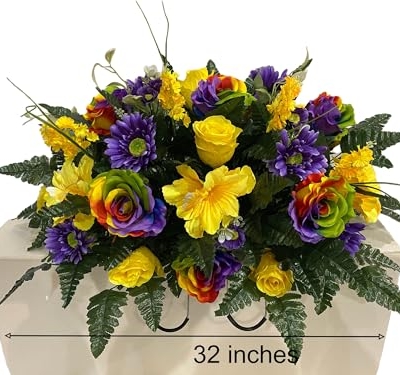 Product: Jucgghk Vivid and Realistic Floral Art Rainbow Roses Spring Cemetery Flowers,Headstone Flower,Grave Site Flower-,Flower for Cemetery