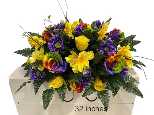 Product: Jucgghk Vivid and Realistic Floral Art Rainbow Roses Spring Cemetery Flowers,Headstone Flower,Grave Site Flower-,Flower for Cemetery