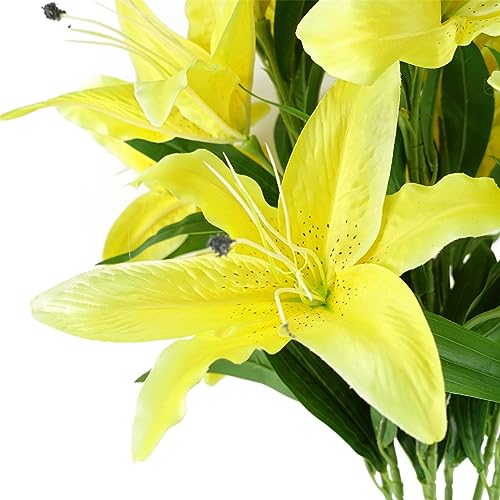 Silky Flower Store Artificial Golden Lily Faux Flower Stems, Leaf Design, 3 Blooms and Bud, Decorative Silk Flowers 20.5cm 1 1 Product: Leaf Design Artificial Flowers