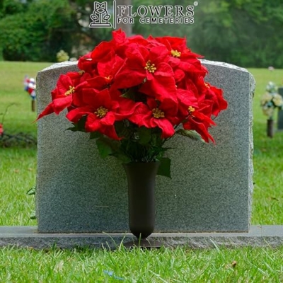 Product: Sympathy Silks Artificial Cemetery Flowers – Christmas Poinsettias, Outdoor Winter Grave Decorations - Red Poinsettia Bouquet