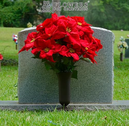Product: Sympathy Silks Artificial Cemetery Flowers – Christmas Poinsettias, Outdoor Winter Grave Decorations - Red Poinsettia Bouquet