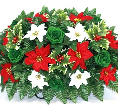Product: Hshan Green Roses Cemetery Flower Arrangement, Handcrafted Christmas Poinsettias Cemetery Saddle for Cemetery Arrangement, Memorial Flowers Outdoor Memorial Decorations Gravesite Flower