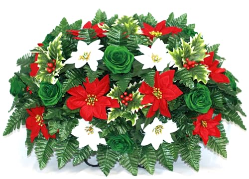 Hshan Green Roses Cemetery Flower Arrangement, Handcrafted Christmas Poinsettias Cemetery Saddle for Cemetery Arrangement, Memorial Flowers Outdoor Memorial Decorations Gravesite Flower - Artificial Flower Arrangements Product: Hshan Green Roses Cemetery Flower Arrangement, Handcrafted Christmas Poinsettias Cemetery Saddle for Cemetery Arrangement, Memorial Flowers Outdoor Memorial Decorations Gravesite Flower